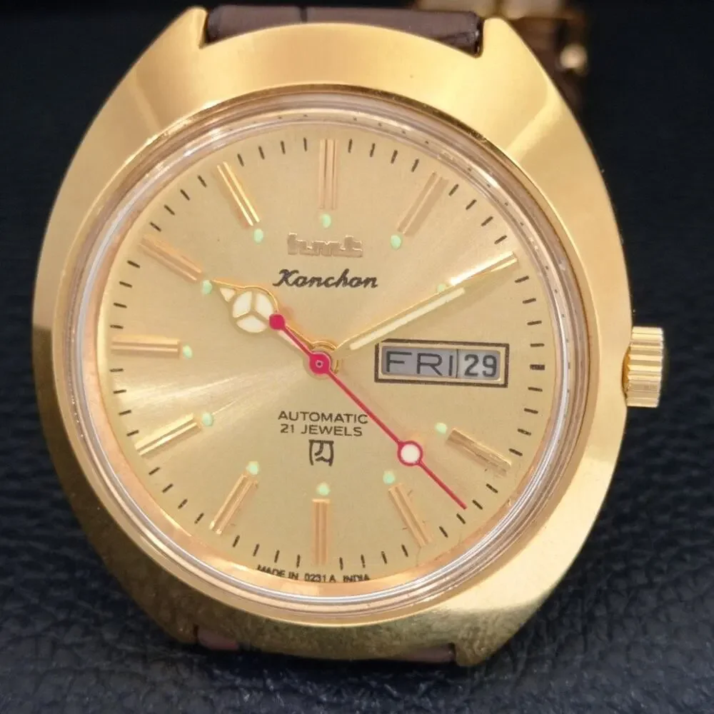 Vintage 1976 HMT Automatic Wound Mens Gold Watch W/daydate & Red accents